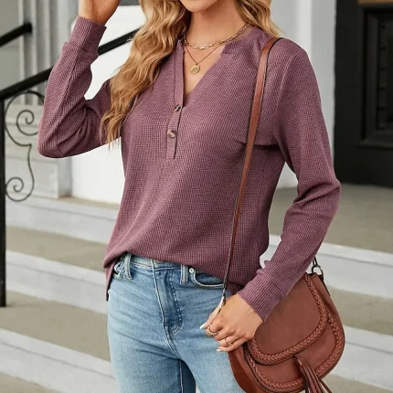 Shirt Blouse Women's Black White Wine Solid / Plain Color Button Daily Fashion V Neck Waffle Fabric Regular Fit S
