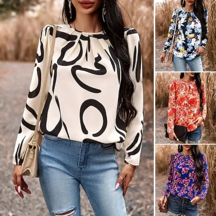 Women's USA Work Lantern Sleeve Black Red Blue Drawstring Long Sleeve Print Boat Neck Form Fit Fleece lined Spring & Summer