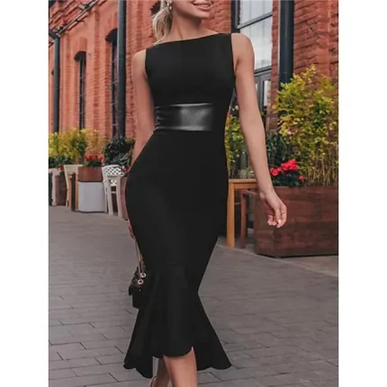 Women‘s Little Black Dress Cocktail Dress Party Dress Wedding Guest Dress Midi Dress Sleeveless Ruched Fall Winter Crew Neck Fashion Black Cocktail Dress