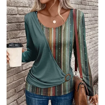Women's T shirt Tee Striped Daily Weekend Blue Green Khaki Print Long Sleeve Fashion Round Neck Regular Fit Spring & Fall