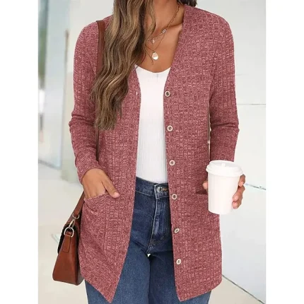 Women's Blouse Shrugs Plain Casual Black Red Button Pocket Long Sleeve Fashion V Neck Regular Fit Spring & Fall