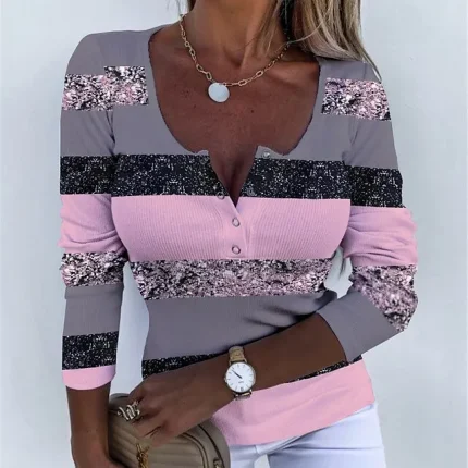 Women's T shirt Tee Henley Shirt Color Block Daily Weekend Yellow Pink Blue Print Button Long Sleeve Fashion U Neck Regular Fit Spring & Fall