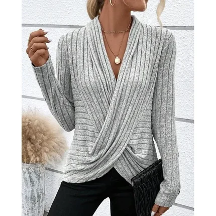 Women's Shirt Blouse Plain Work Gray Long Sleeve Fashion V Neck Regular Fit Fall & Winter