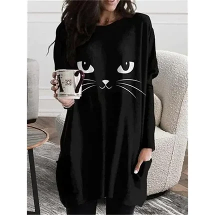 Women's T shirt Tee Cat Daily Weekend Black White Pink Pocket Print Long Sleeve Funny Round Neck Regular Fit Fall & Winter