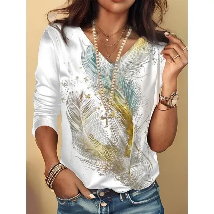 Women's T shirt Tee Feather Daily Weekend White Wine Brown Print Long Sleeve Fashion V Neck Regular Fit Spring & Fall