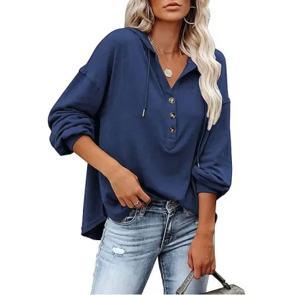 Women's Shirt Blouse Plain Casual Black Navy Blue Royal Blue Button Long Sleeve Fashion Hooded Regular Fit Fall & Winter
