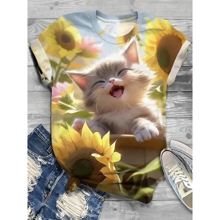 Women's T shirt Tee Floral Cat 3D Holiday Weekend Black Yellow Red Print Short Sleeve Fashion Funny Round Neck Regular Fit Spring & Summer