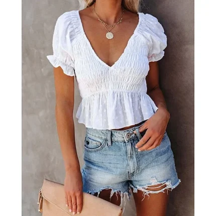 Shirt Blouse Women's White Solid Color Ruched Street Daily Fashion V Neck S