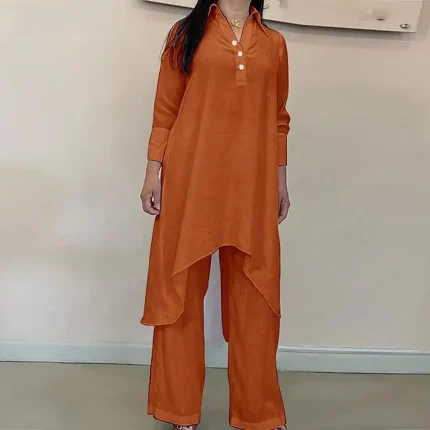 Linen Set Shirt Tunic Shirts Blouse Women's White Orange Gray Solid Color Button 2 Piece Street Daily Fashion Shirt Collar Cotton Linen Regular Fit S